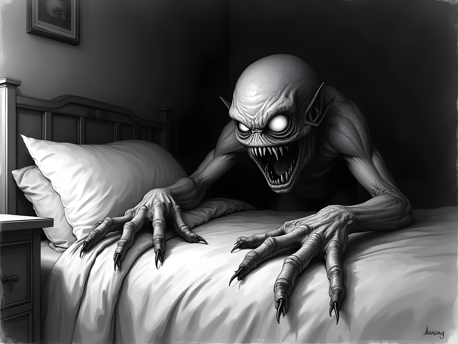 Menacing Bogeyman Lurking Under Bed: Pencil Sketch