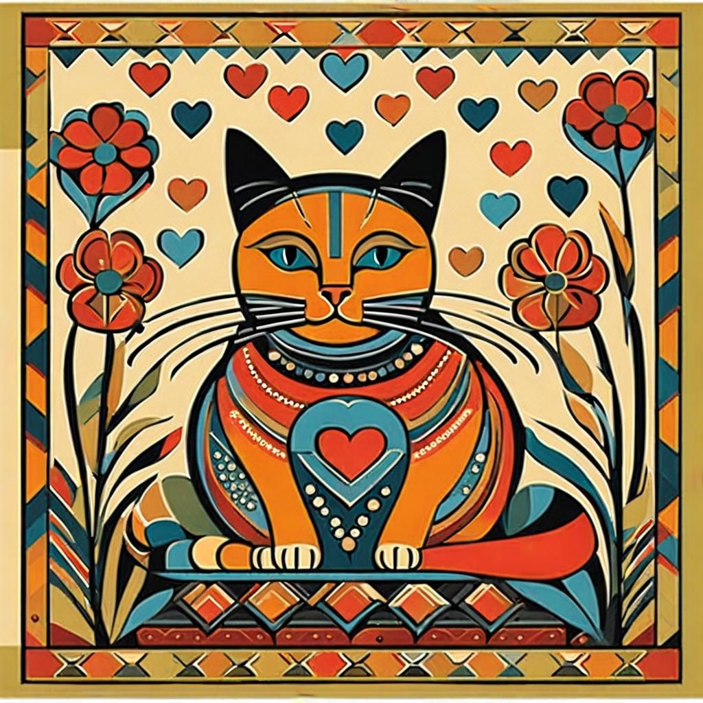 Cat on Pillow Surrounded by Flowers in Folk Art Style