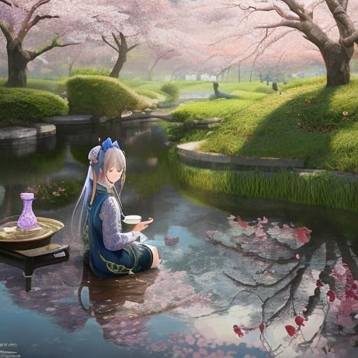 Asian Woman in Teahouse: Anime Key Visual