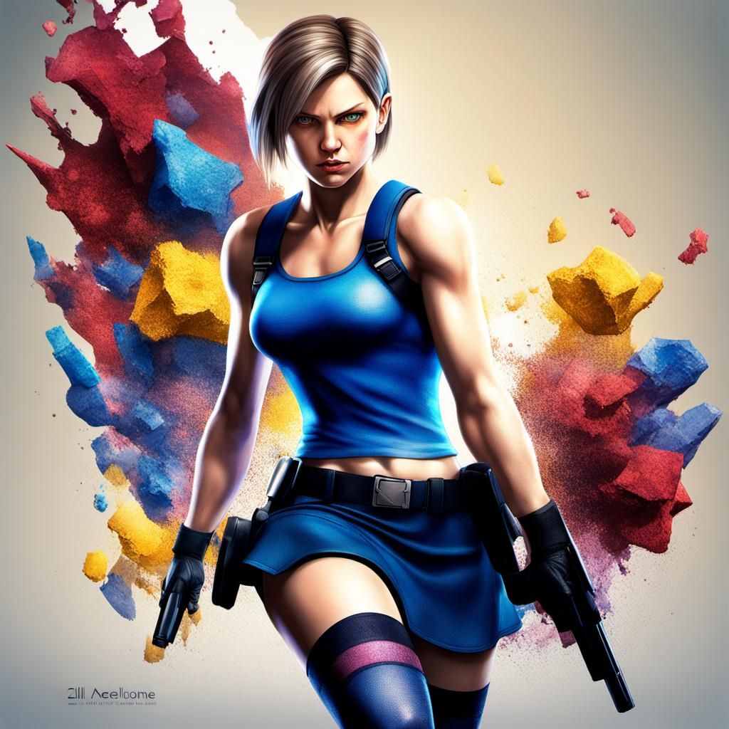 Jill Valentine with miniskirt, black pantyhose