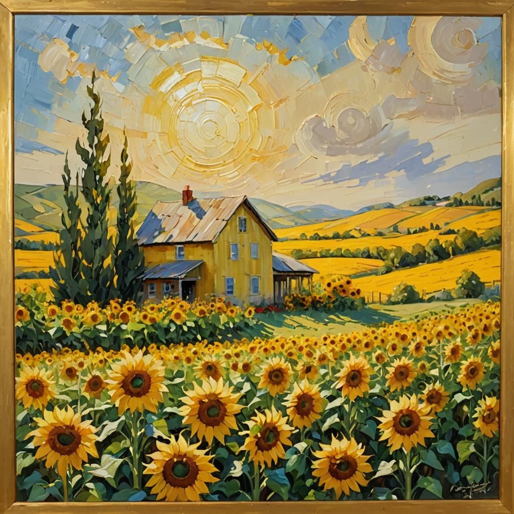 Farmhouse in Sunflower Field: Impressionist Oil Painting