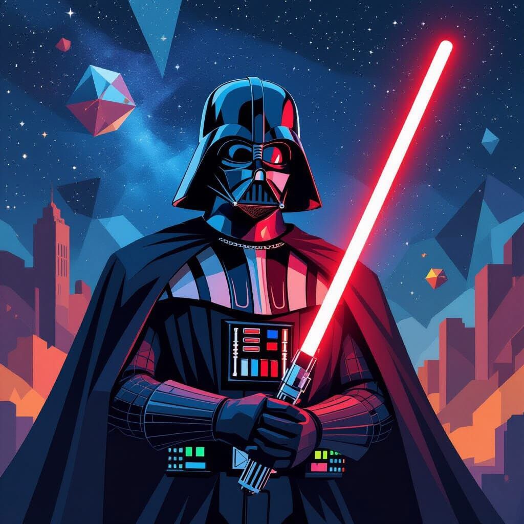 Cubist Darth Vader with Lightsaber in Galaxy