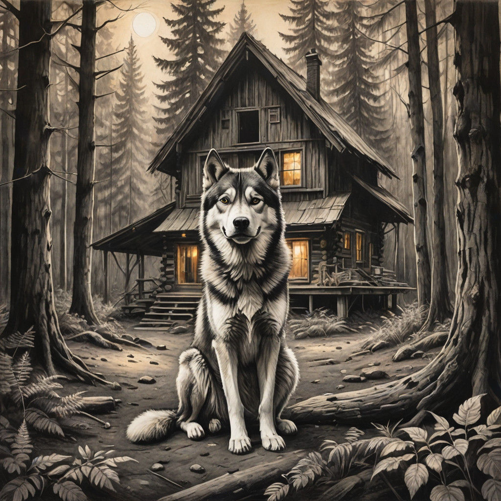 Serene Winter Cabin Scene in Charcoal Drawing Style