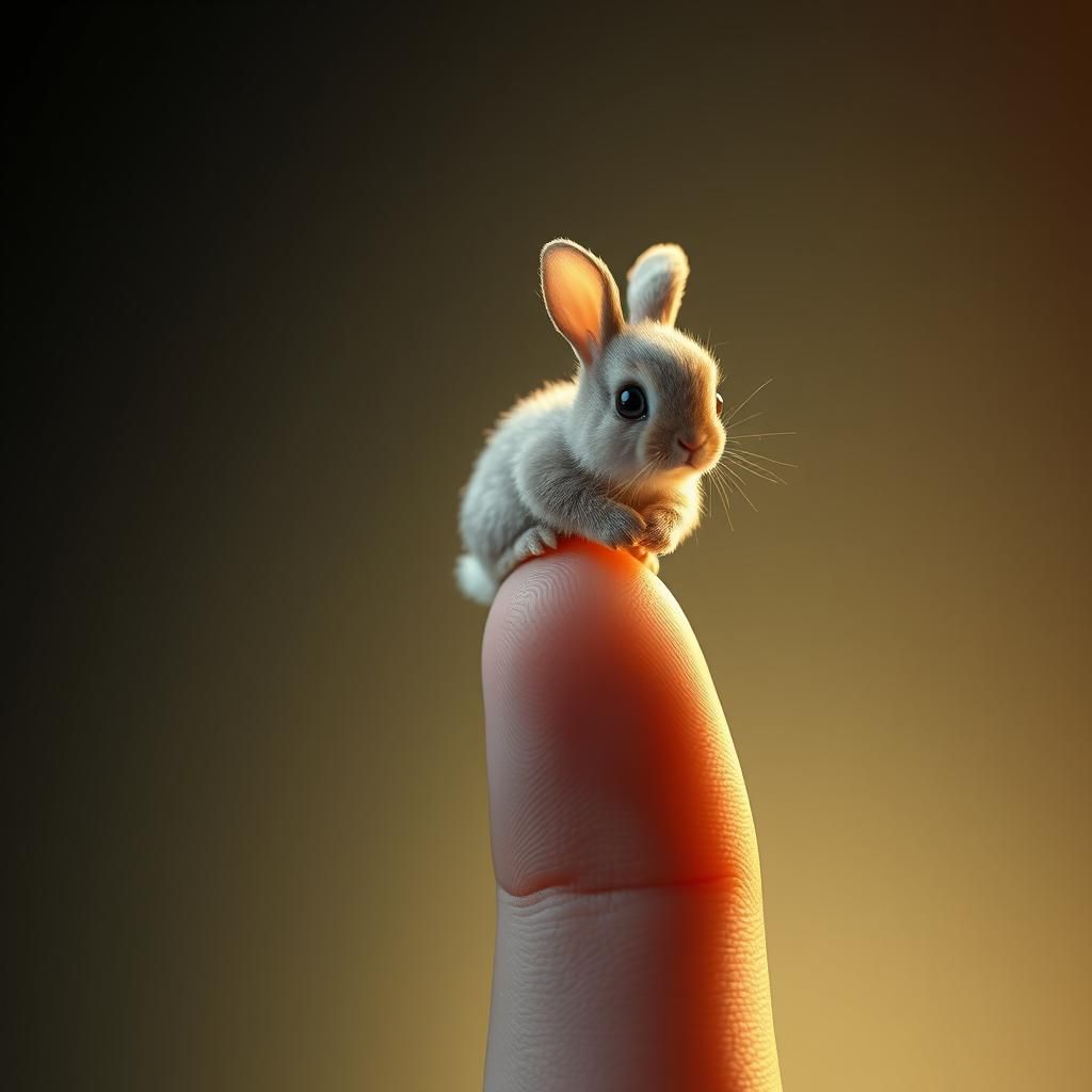 Miniature Bunny on Finger: Surreal Digital Art