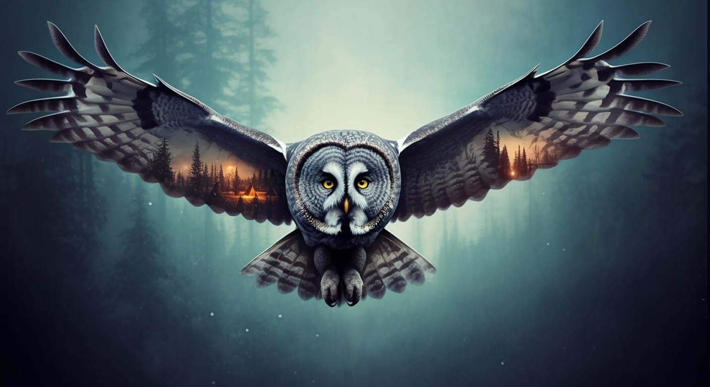 Owl in Flight with Native American Camp: Watercolor Style