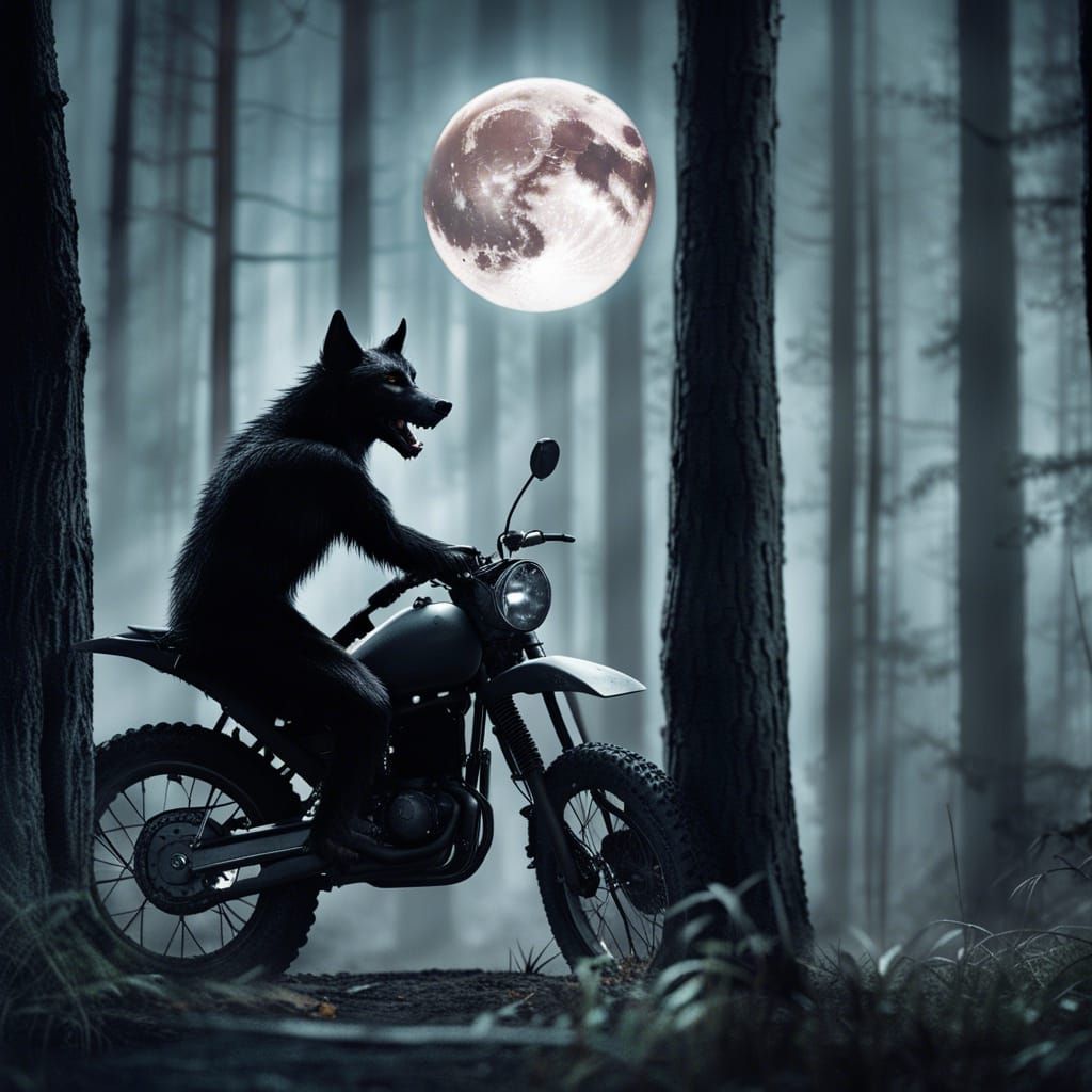 Werewolf on Motorcycle in Forest at Night