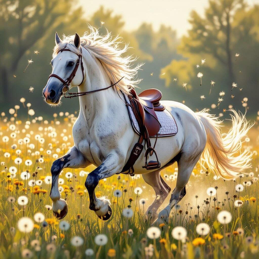 Horse Galloping in Dandelion Field, Painterly Style