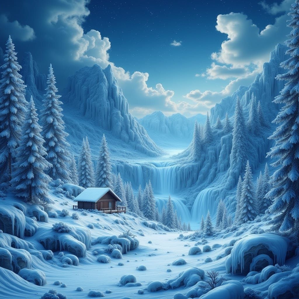 Fantasy Snowscape with Frozen Waterfalls and Cabin
