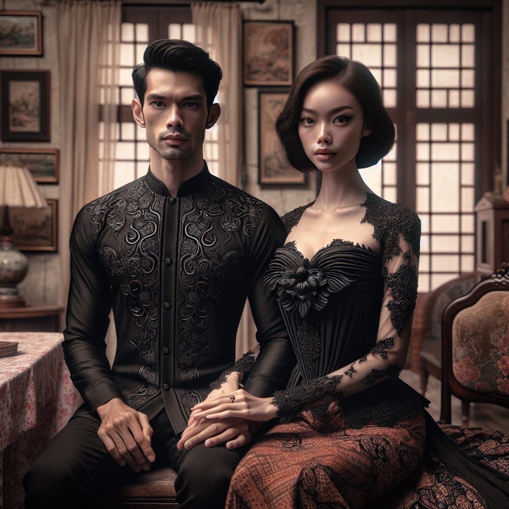 Elegant Couple in Indonesian Vintage Room, Detailed Matte Pa...
