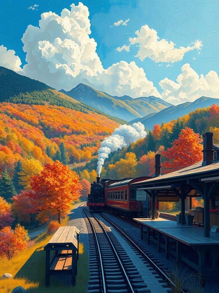 Steam Train Through Valley as Impasto Oil Painting