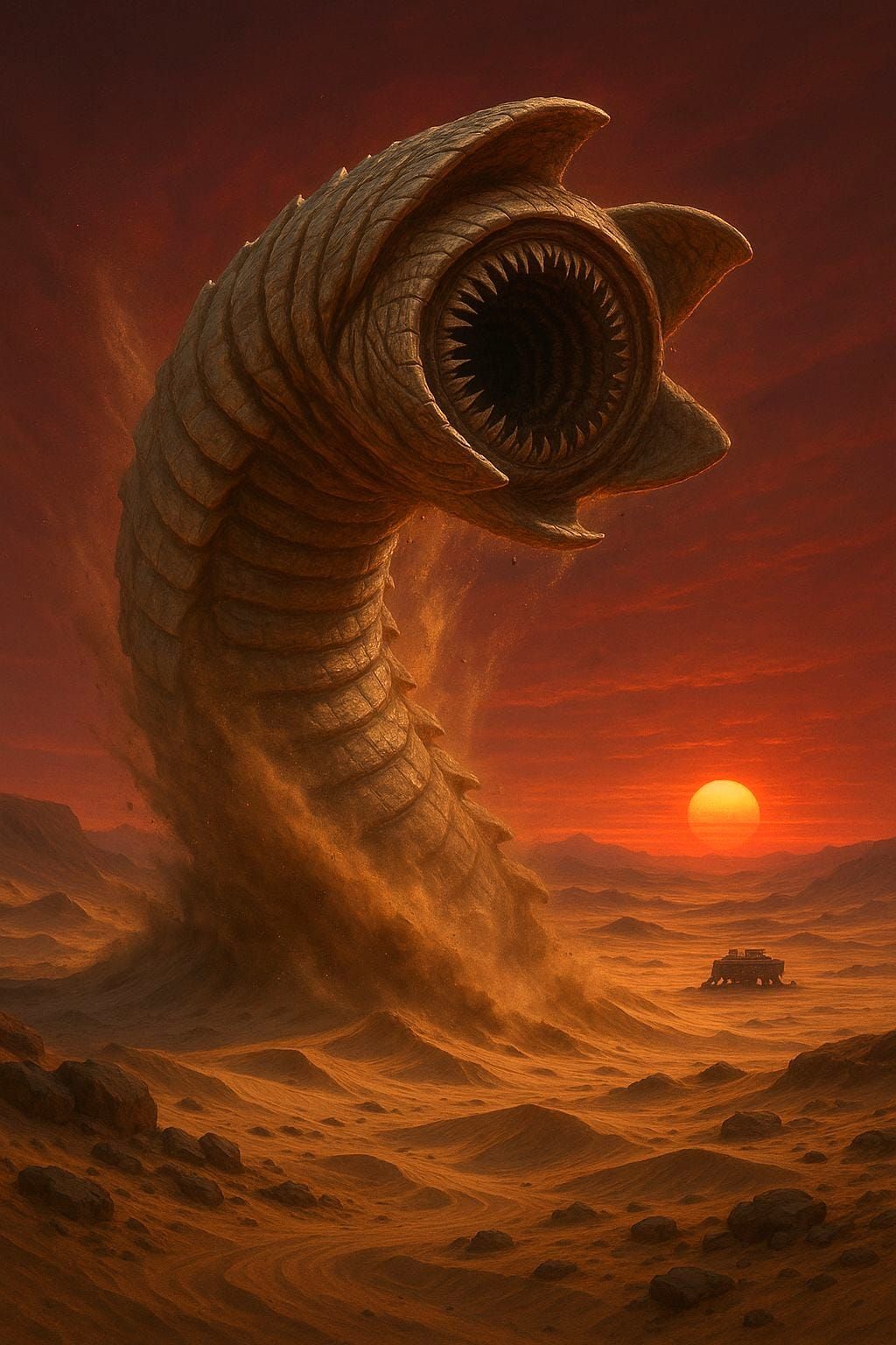 Colossal Sandworm Emerges on Arrakis in Sci-Fi Style