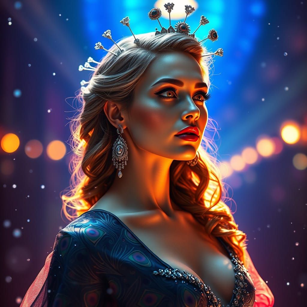 Elegant Woman in Vibrant Peacock Splendor