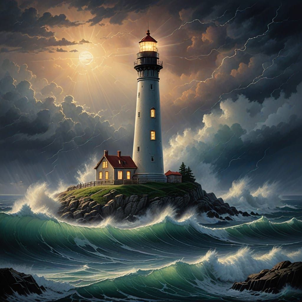 Lighthouse Stands Strong Against Storm in Ethereal Fantasy S...