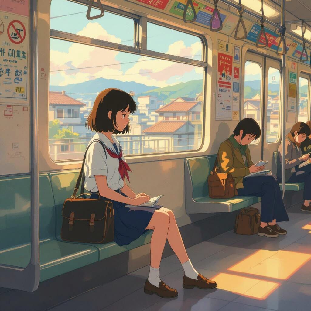 Studio Ghibli Girl on Tokyo Train in Golden Afternoon Light