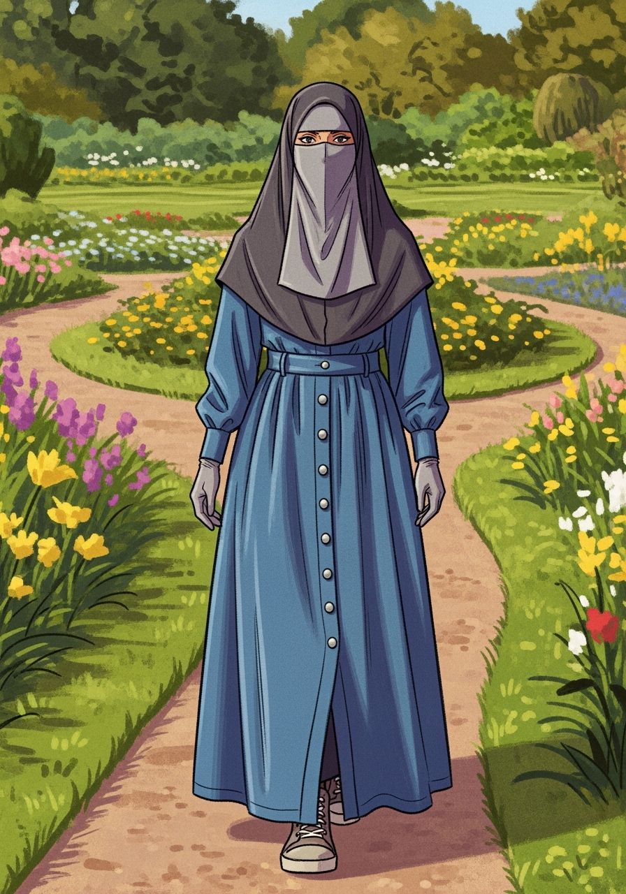 Curvy Niqabi Woman in Botanic Garden, Semi-Realistic Style