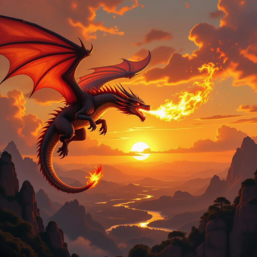 Epic Dragons Soaring Through Golden Sunset