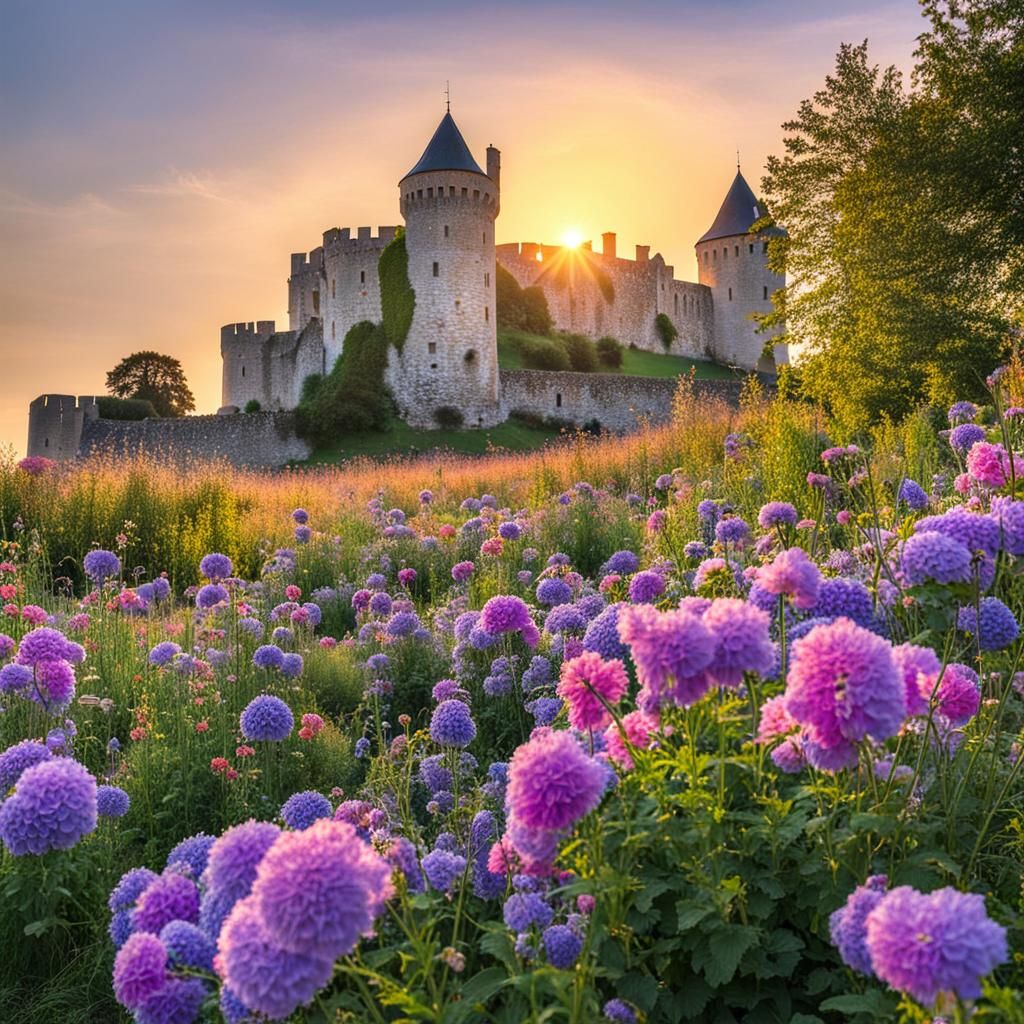 Flowers Bloom Near Old Castle in France