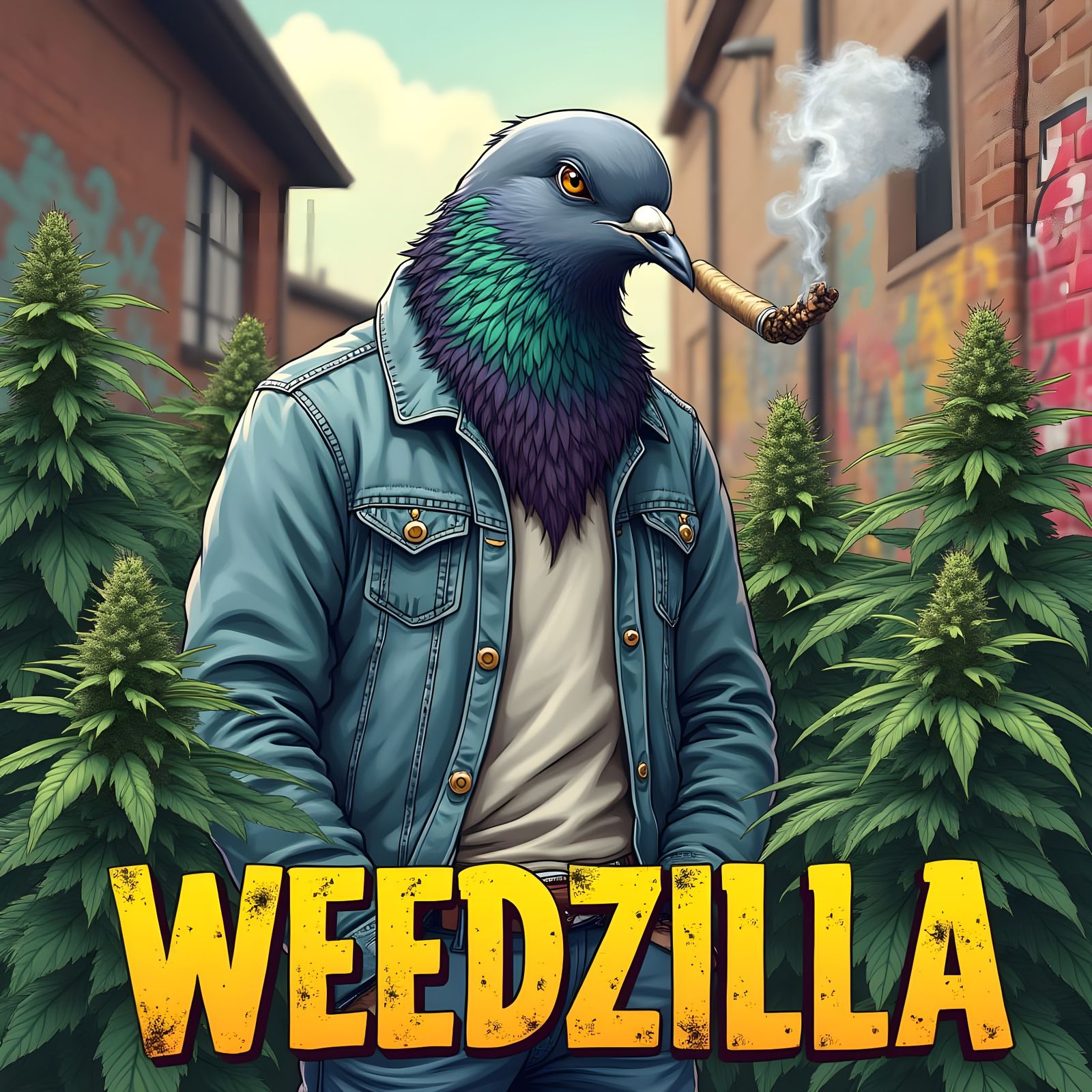 Graffiti-Style Pigeon Man Smokes Joint Amidst Pot Leaves in ...