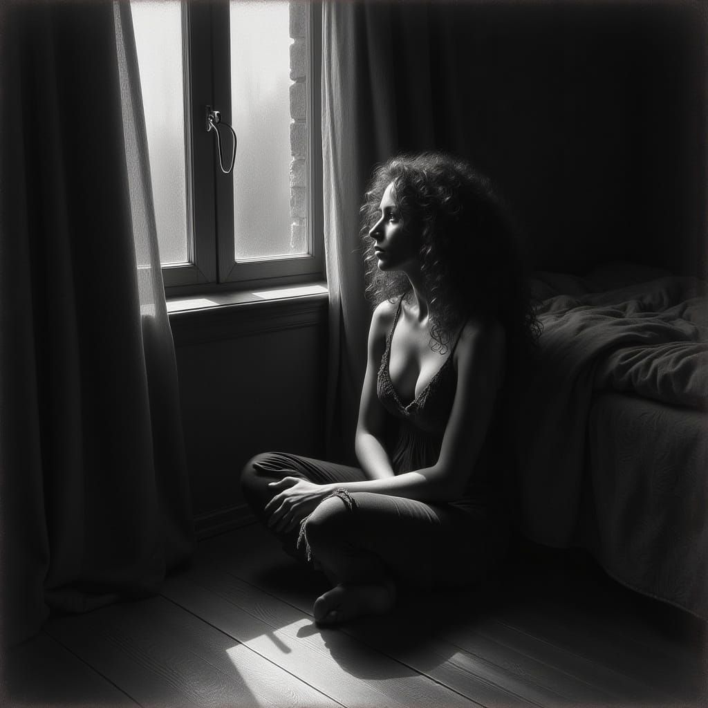 Contemplative Woman Gazing Out Window in Charcoal Style