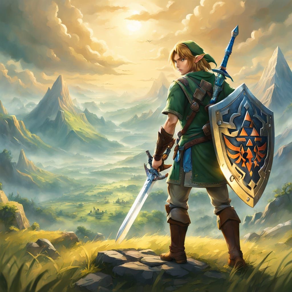 Heroic Link with Master Sword in Oil Painting Style