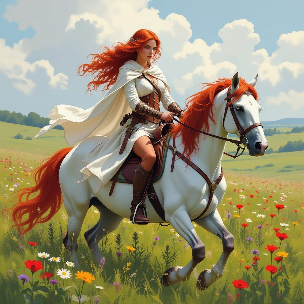 Red-Haired Woman Rides Horse in Frazetta Style