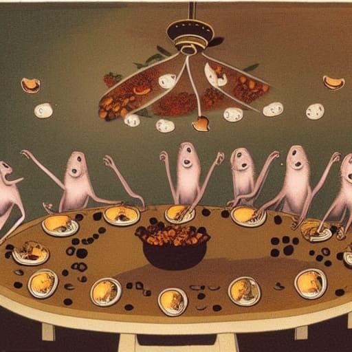 Humanoid rats dining on fruit on a long table