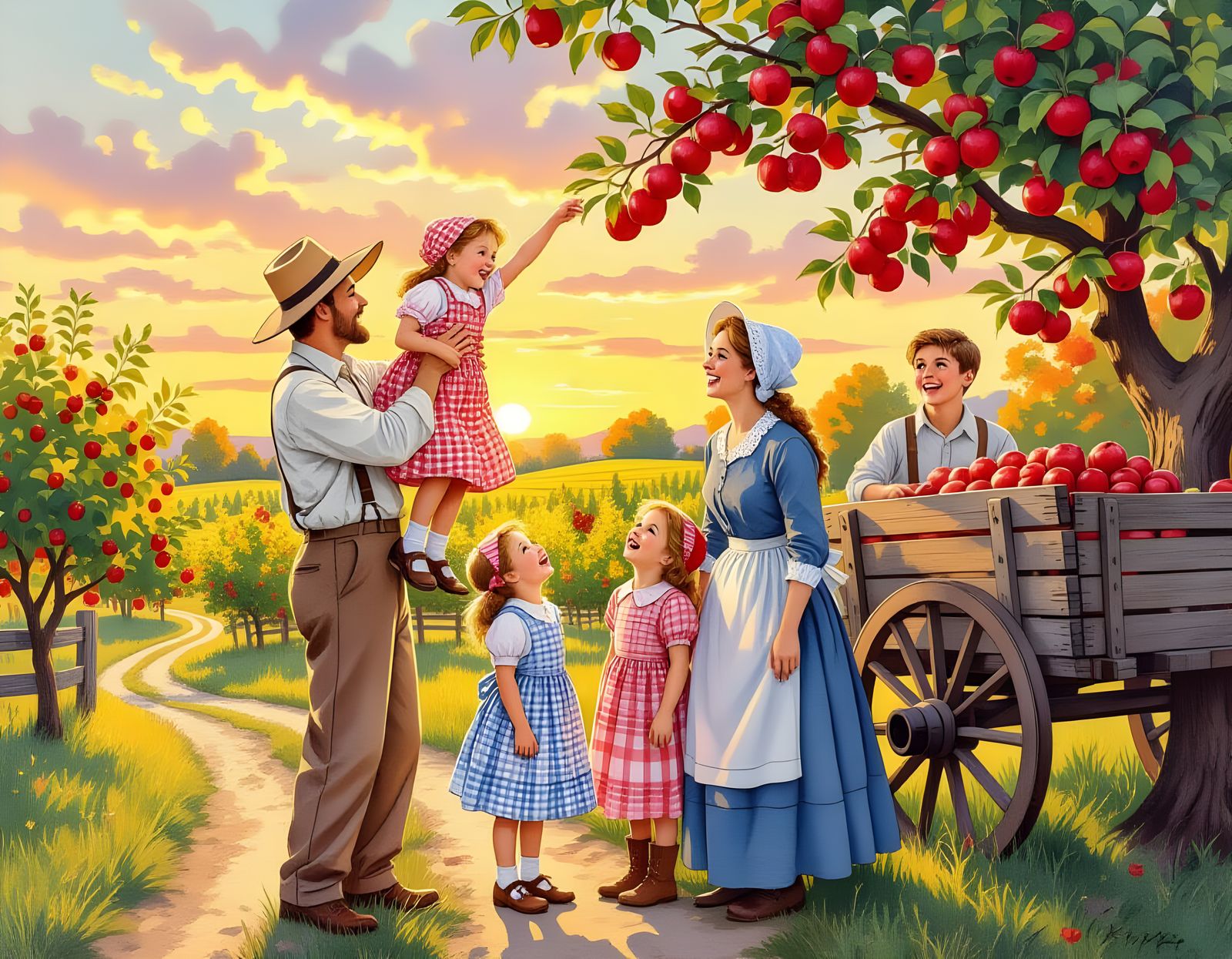 19th Century Family Apple Harvest at Dusk in Folk Art Style