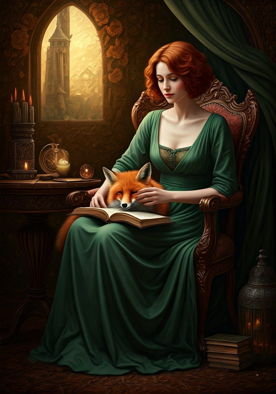 Sorceress Reading with Fox, Pre-Raphaelite Oil Painting