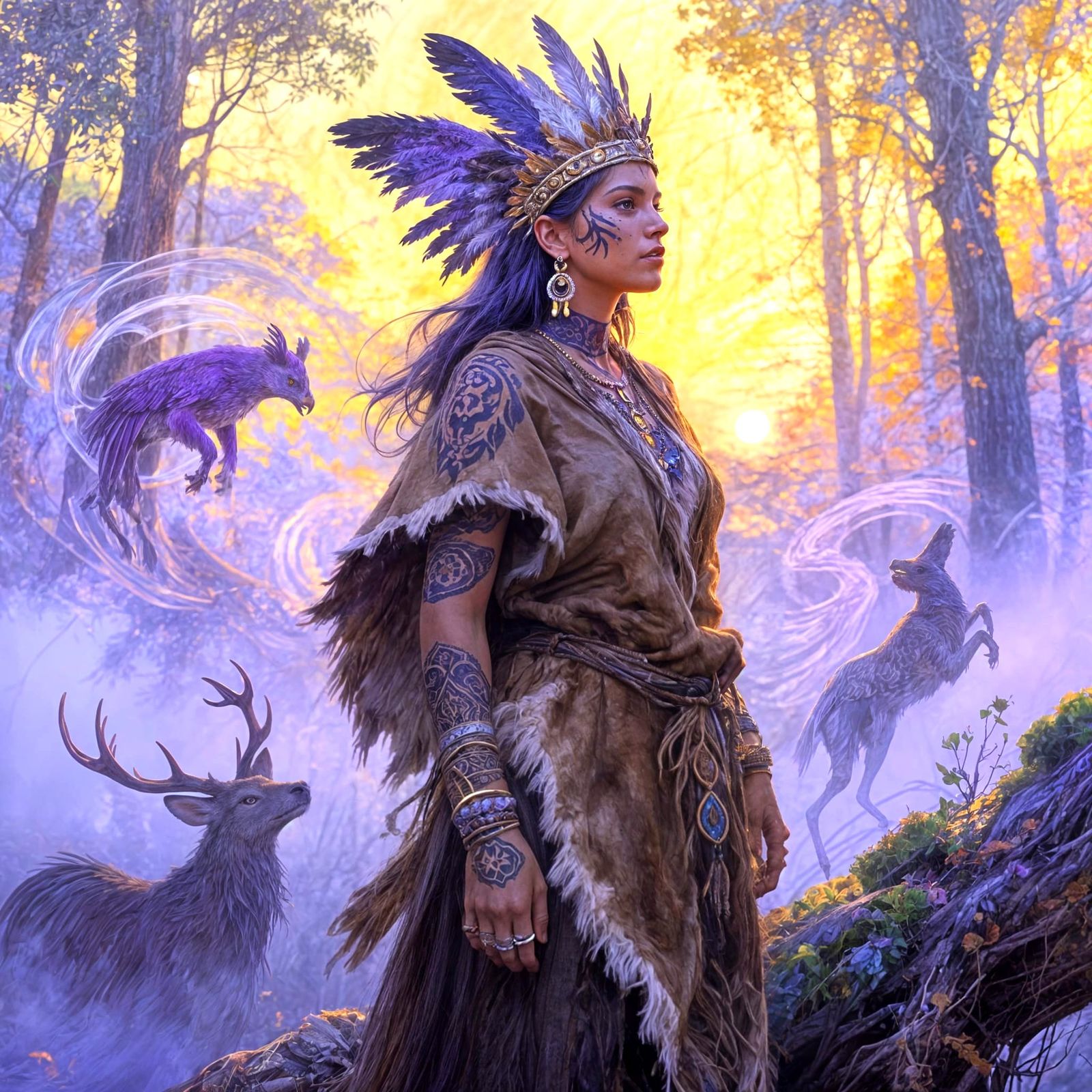 High Priestess Shaman in Misty Forest, Neo-Impressionist Sty...