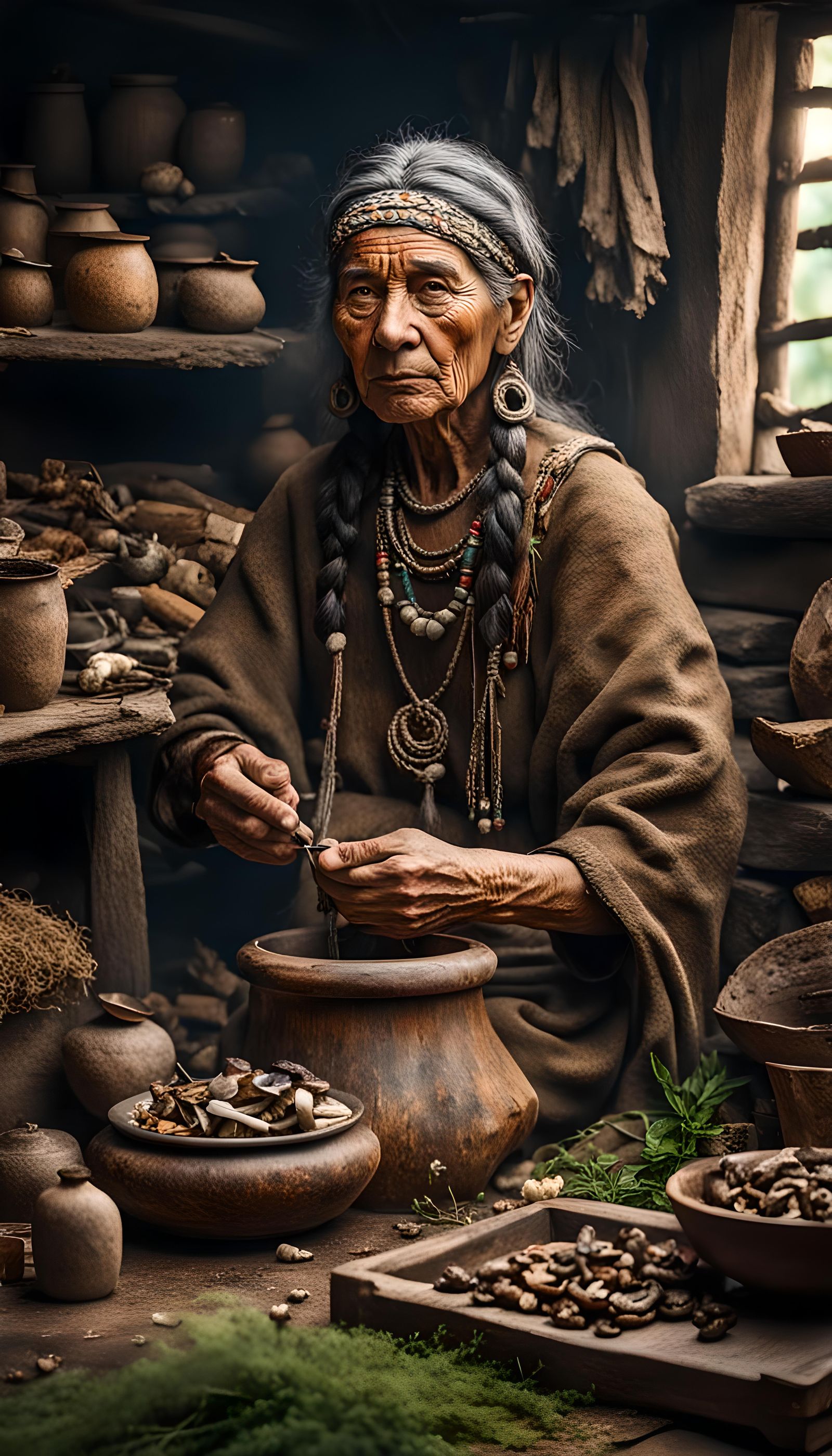 Shaman Woman Preparing Herbal Remedies