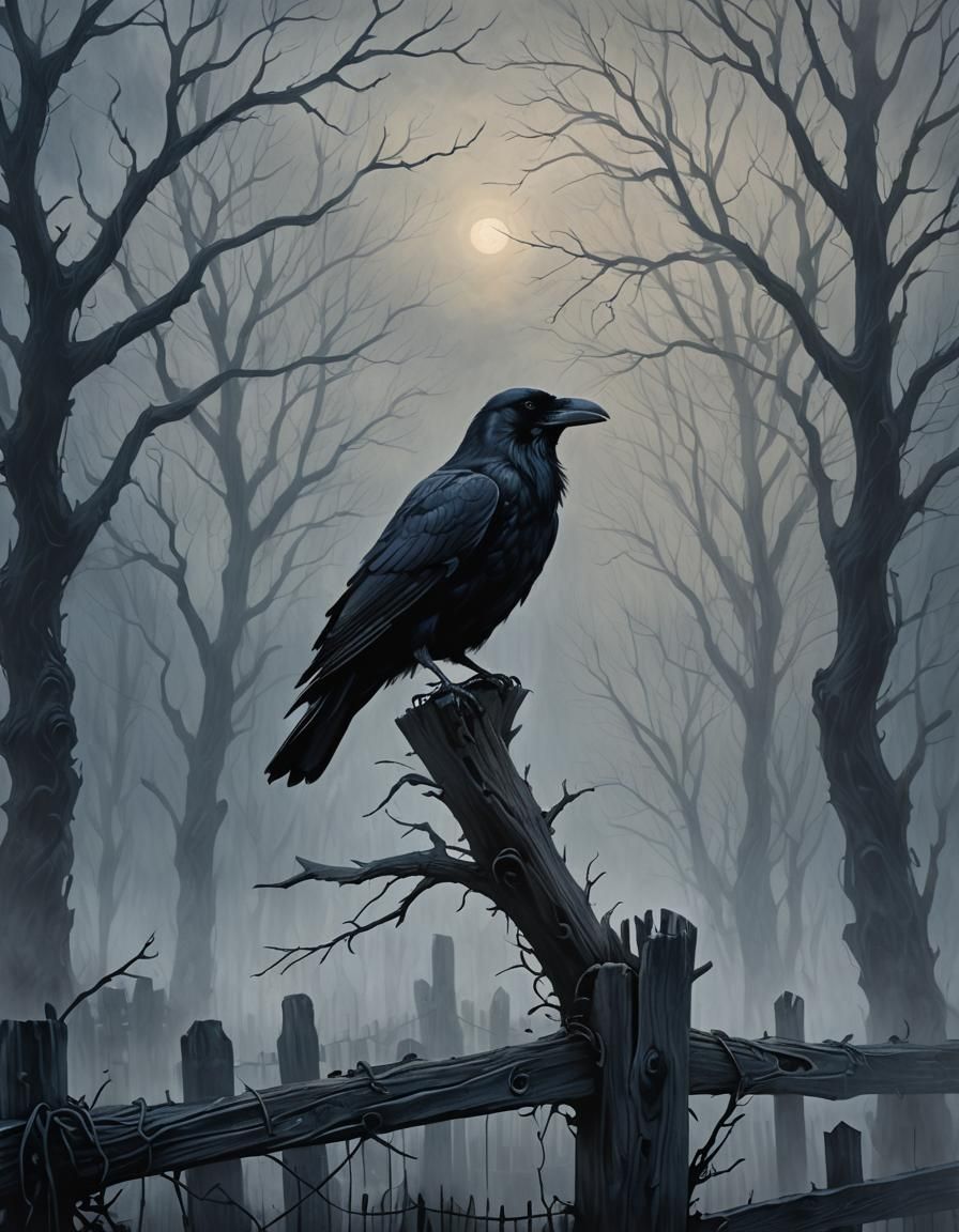 Raven in Fog: A Dark Fantasy Oil Painting