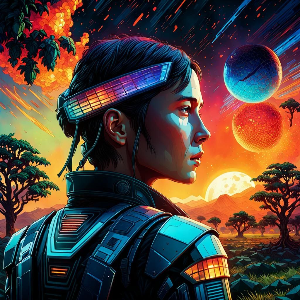 Cyberpunk Comet Streak Over Orchard at Dawn