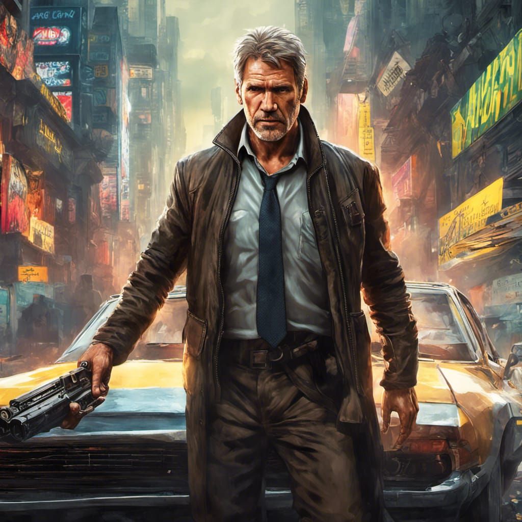 Harrison Ford as Rick Deckard in Cyberpunk City