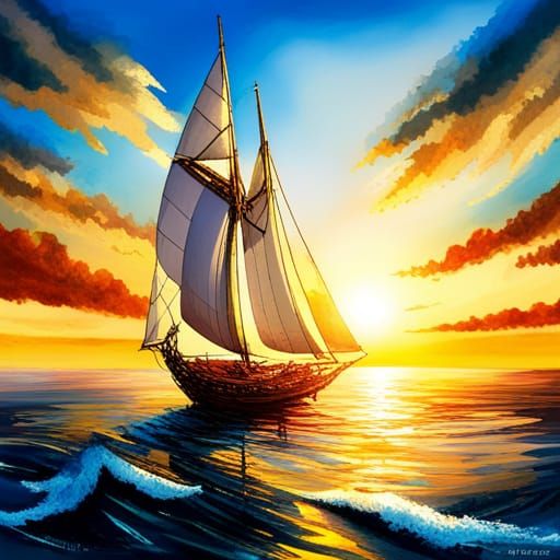Sailing Boats at Sunset, Anime Style