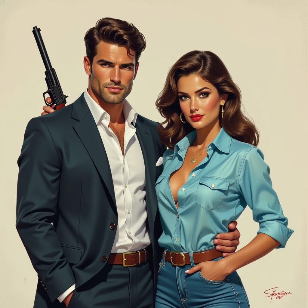 Elegant Couple with Revolvers, Realistic Art Nouveau Style