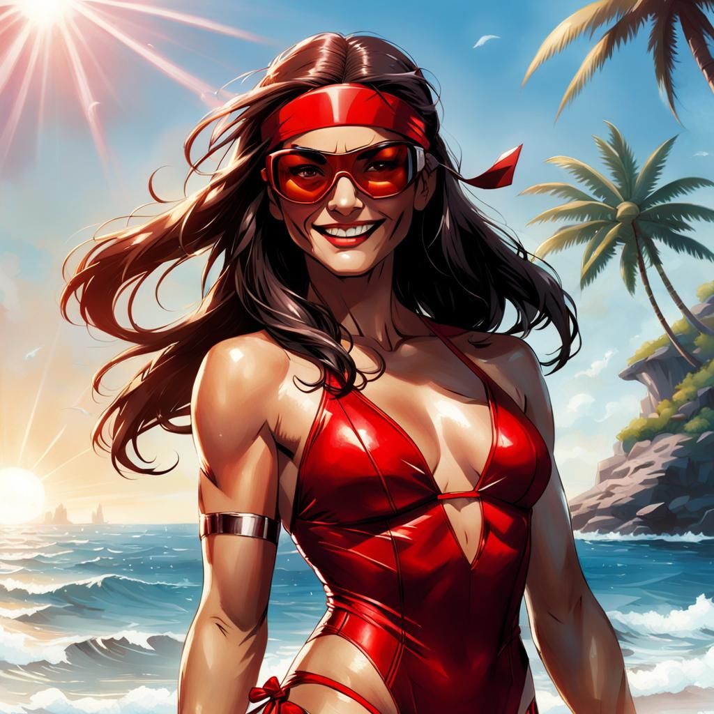 Elektra Relaxing by the Sea as Anime Art