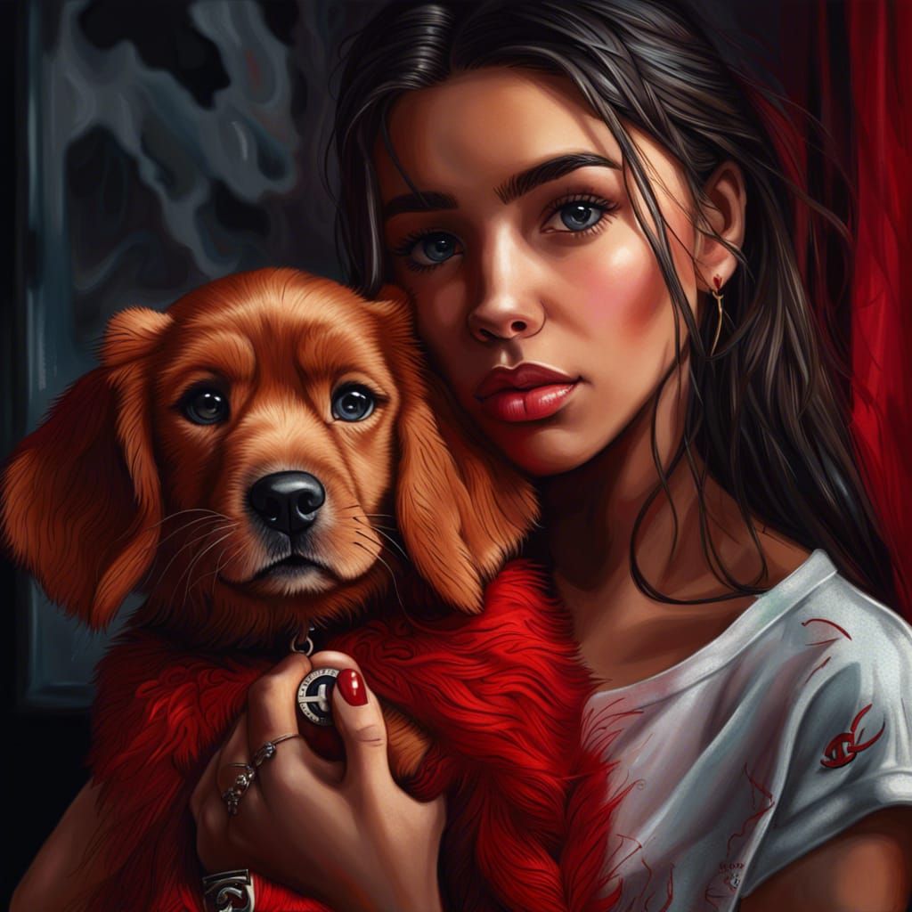 Beautiful Girl with Puppy: Hyperrealistic Macro Portrait