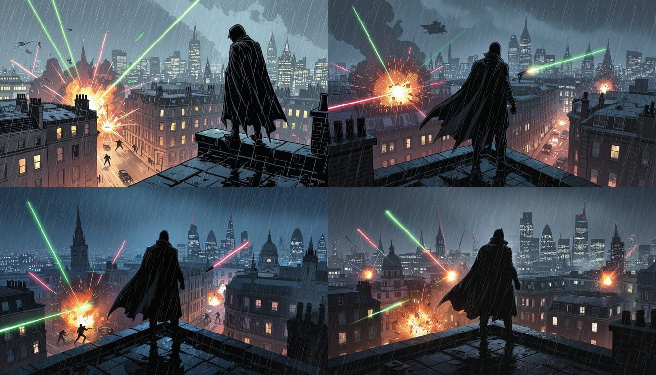 Shadowy Figure on London Rooftop Overlooking Night Battle