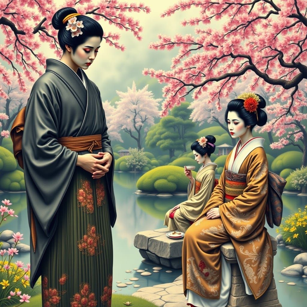Stoic Samurai Amidst Cherry Blossoms in Traditional Japanese...