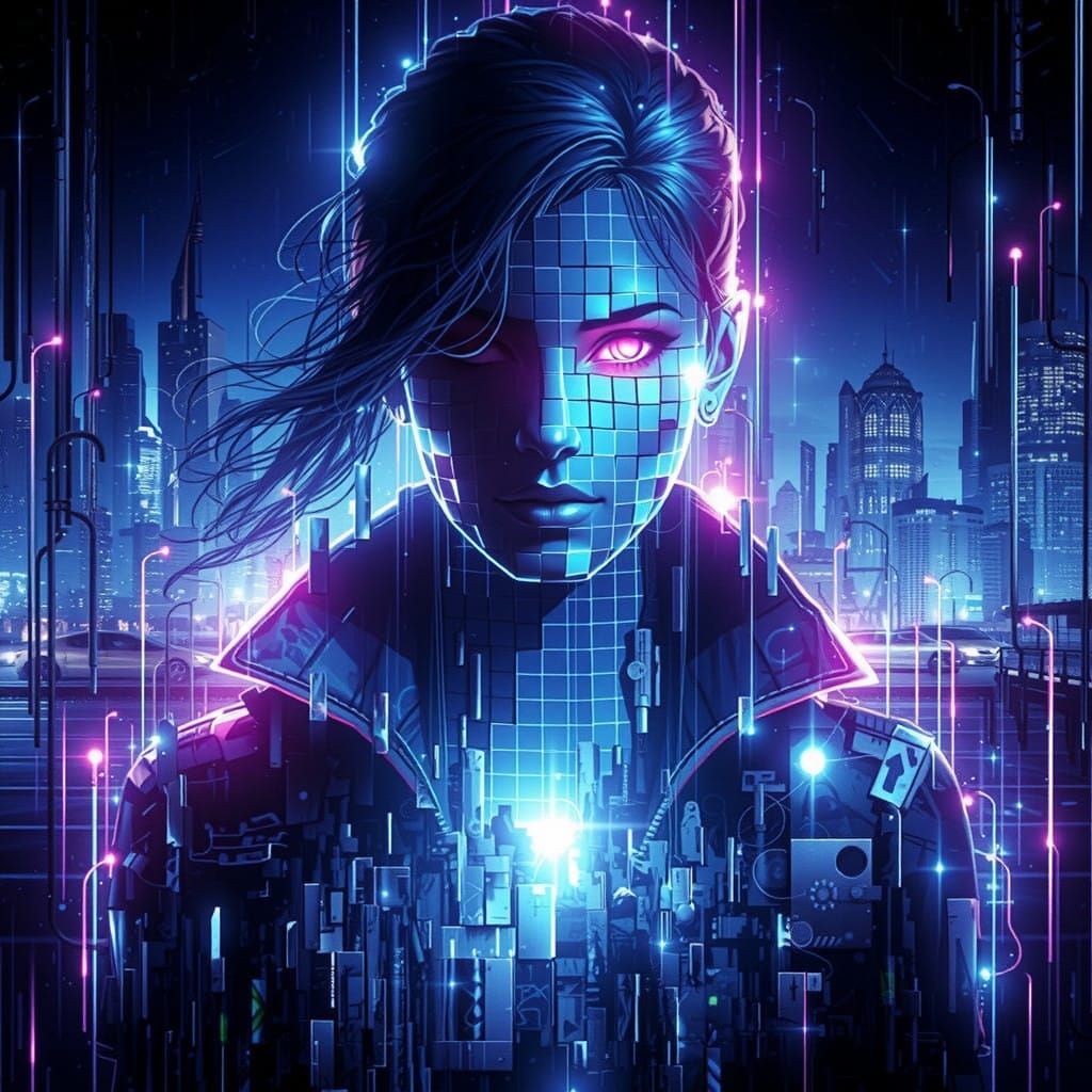 Cyberpunk Detective Fragmented in Shimmering Pixels