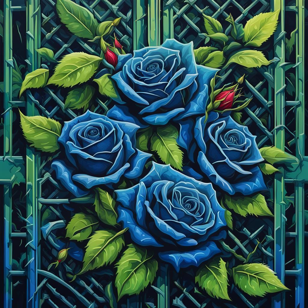 Blue Roses on Sword Trellis in Graffiti Style