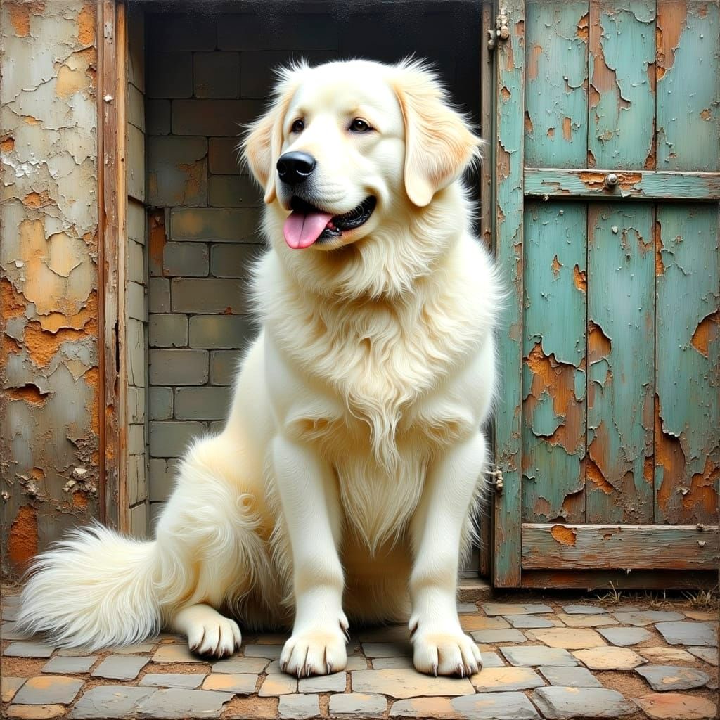 Majestic Great Pyrenees Dog as Impasto Oil Painting
