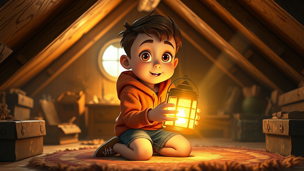 Boy with Glowing Lantern in Cozy Attic