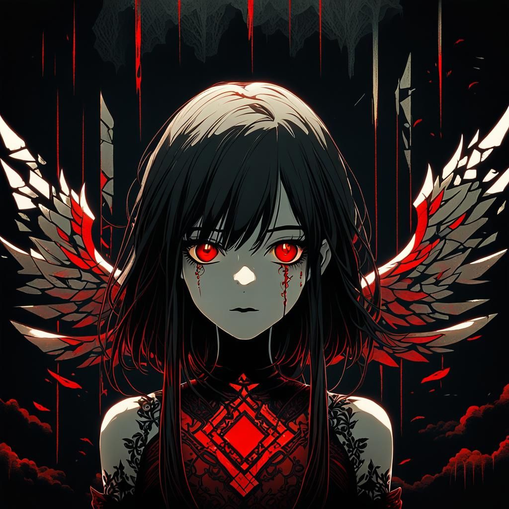 Lonely Anime Angel with Scarlet Eyes