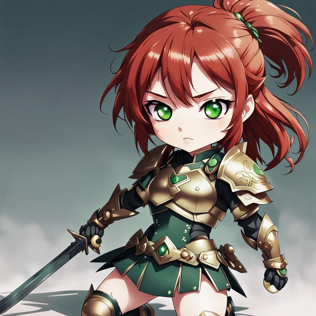 Cute Redhead Chibi Warrior in Anime Style