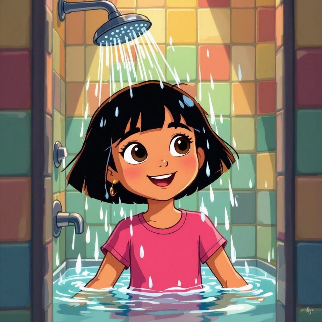 Dora the Explorer Enjoys a Steaming Shower in Cartoon Style