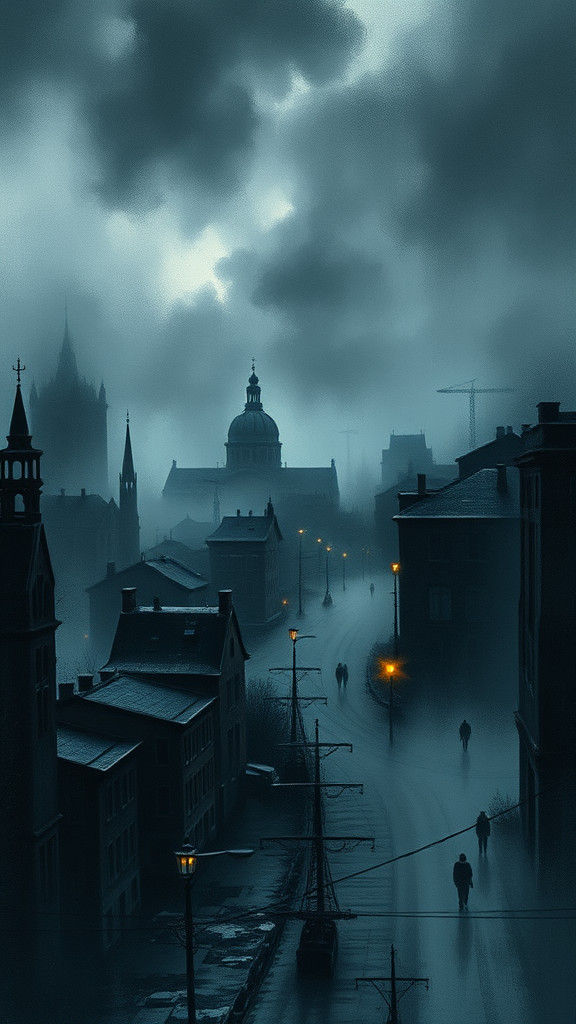 Moody Nordic Noir Cityscape in Gouache Style