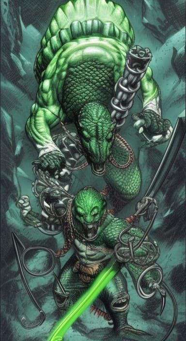 Muscular Crocodile Villain with Swords in Comic Book Art
