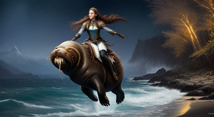 Bokeh Fantasy Portrait of a Selkie Riding a Majestic Walrus