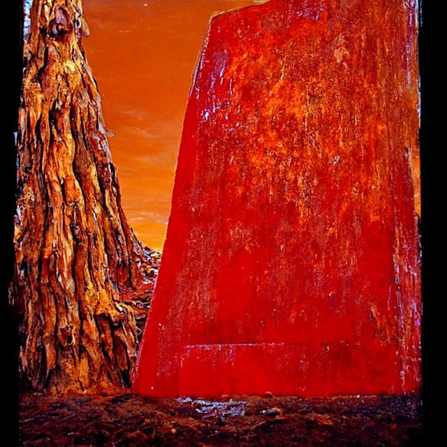 Giant Red Monolith in Orange and Brown Garden